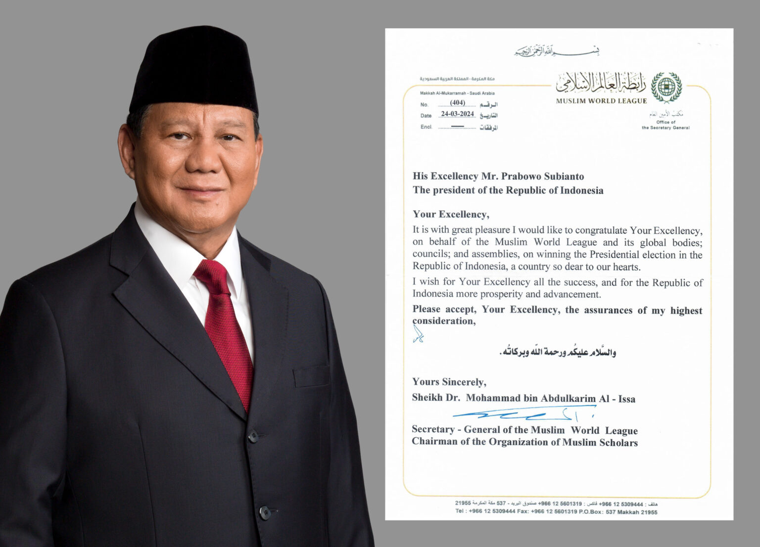 The World Muslim League Extends Congratulations to Prabowo Subianto on Winning the Presidency